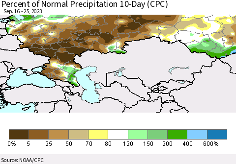 Russian Federation Percent of Normal Precipitation 10-Day (CPC) Thematic Map For 9/16/2023 - 9/25/2023