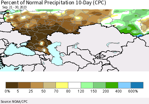 Russian Federation Percent of Normal Precipitation 10-Day (CPC) Thematic Map For 9/21/2023 - 9/30/2023