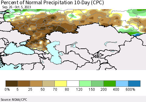 Russian Federation Percent of Normal Precipitation 10-Day (CPC) Thematic Map For 9/26/2023 - 10/5/2023