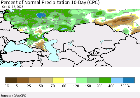 Russian Federation Percent of Normal Precipitation 10-Day (CPC) Thematic Map For 10/6/2023 - 10/15/2023