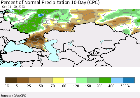 Russian Federation Percent of Normal Precipitation 10-Day (CPC) Thematic Map For 10/11/2023 - 10/20/2023