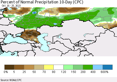 Russian Federation Percent of Normal Precipitation 10-Day (CPC) Thematic Map For 10/16/2023 - 10/25/2023