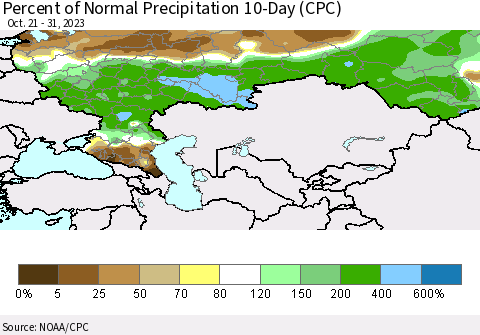 Russian Federation Percent of Normal Precipitation 10-Day (CPC) Thematic Map For 10/21/2023 - 10/31/2023