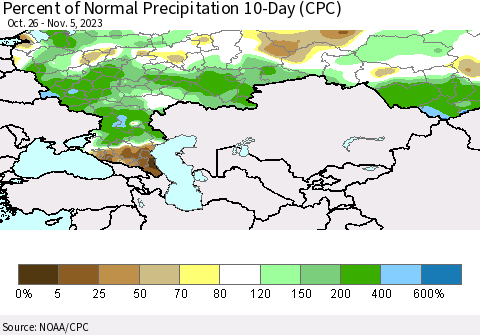 Russian Federation Percent of Normal Precipitation 10-Day (CPC) Thematic Map For 10/26/2023 - 11/5/2023