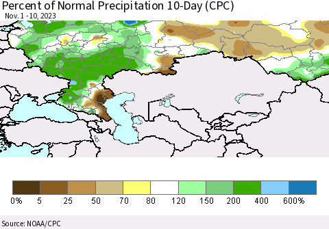 Russian Federation Percent of Normal Precipitation 10-Day (CPC) Thematic Map For 11/1/2023 - 11/10/2023