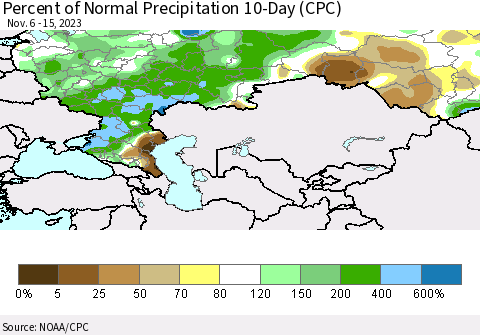 Russian Federation Percent of Normal Precipitation 10-Day (CPC) Thematic Map For 11/6/2023 - 11/15/2023