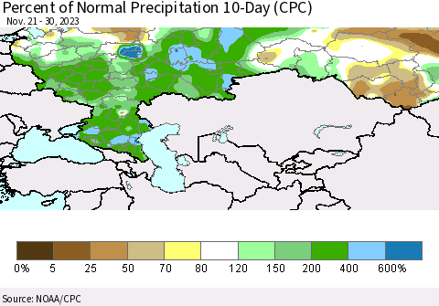 Russian Federation Percent of Normal Precipitation 10-Day (CPC) Thematic Map For 11/21/2023 - 11/30/2023
