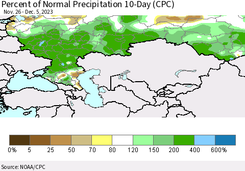 Russian Federation Percent of Normal Precipitation 10-Day (CPC) Thematic Map For 11/26/2023 - 12/5/2023