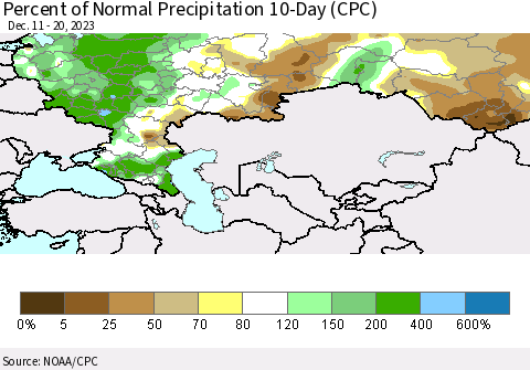 Russian Federation Percent of Normal Precipitation 10-Day (CPC) Thematic Map For 12/11/2023 - 12/20/2023