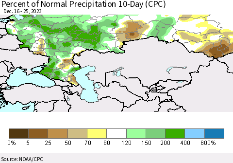 Russian Federation Percent of Normal Precipitation 10-Day (CPC) Thematic Map For 12/16/2023 - 12/25/2023