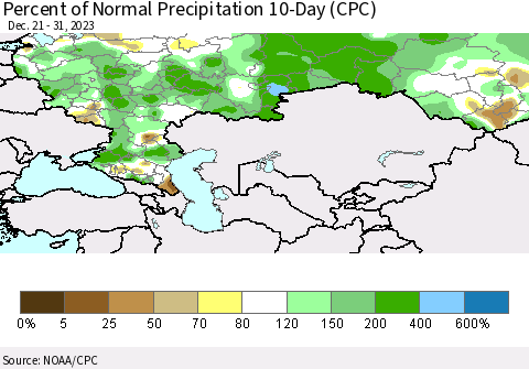 Russian Federation Percent of Normal Precipitation 10-Day (CPC) Thematic Map For 12/21/2023 - 12/31/2023