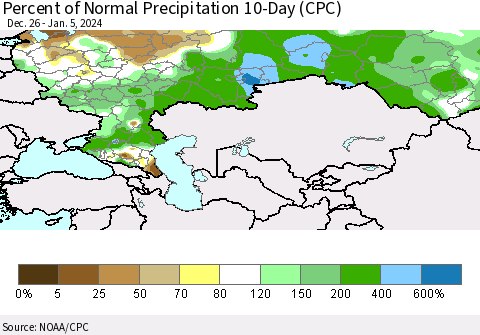 Russian Federation Percent of Normal Precipitation 10-Day (CPC) Thematic Map For 12/26/2023 - 1/5/2024