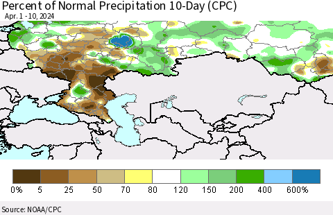 Russian Federation Percent of Normal Precipitation 10-Day (CPC) Thematic Map For 4/1/2024 - 4/10/2024