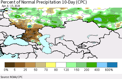 Russian Federation Percent of Normal Precipitation 10-Day (CPC) Thematic Map For 4/6/2024 - 4/15/2024