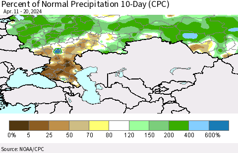 Russian Federation Percent of Normal Precipitation 10-Day (CPC) Thematic Map For 4/11/2024 - 4/20/2024