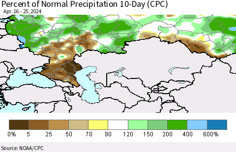 Russian Federation Percent of Normal Precipitation 10-Day (CPC) Thematic Map For 4/16/2024 - 4/25/2024