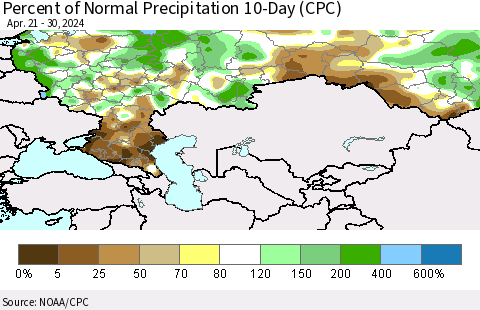 Russian Federation Percent of Normal Precipitation 10-Day (CPC) Thematic Map For 4/21/2024 - 4/30/2024