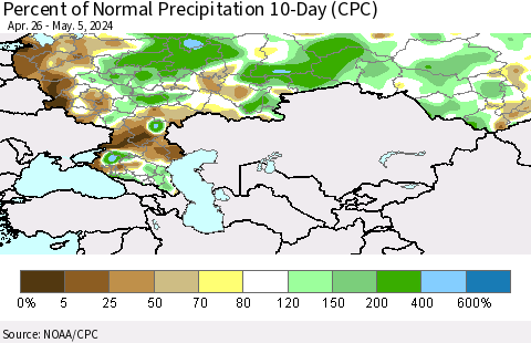 Russian Federation Percent of Normal Precipitation 10-Day (CPC) Thematic Map For 4/26/2024 - 5/5/2024