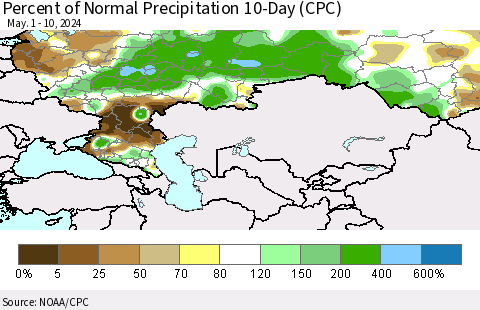 Russian Federation Percent of Normal Precipitation 10-Day (CPC) Thematic Map For 5/1/2024 - 5/10/2024