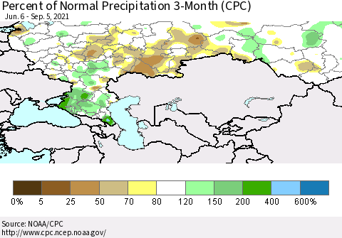 Russian Federation Percent of Normal Precipitation 3-Month (CPC) Thematic Map For 6/6/2021 - 9/5/2021