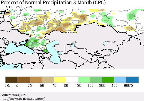 Russian Federation Percent of Normal Precipitation 3-Month (CPC) Thematic Map For 6/11/2021 - 9/10/2021