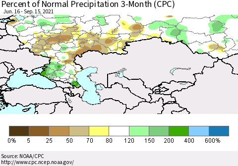 Russian Federation Percent of Normal Precipitation 3-Month (CPC) Thematic Map For 6/16/2021 - 9/15/2021