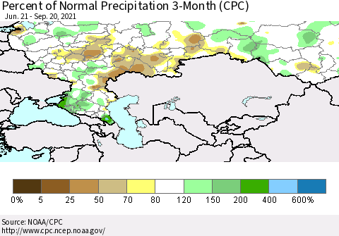 Russian Federation Percent of Normal Precipitation 3-Month (CPC) Thematic Map For 6/21/2021 - 9/20/2021