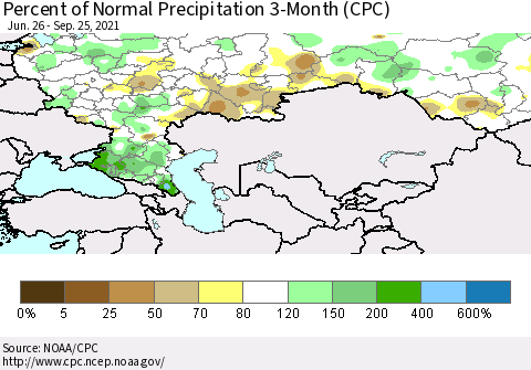 Russian Federation Percent of Normal Precipitation 3-Month (CPC) Thematic Map For 6/26/2021 - 9/25/2021