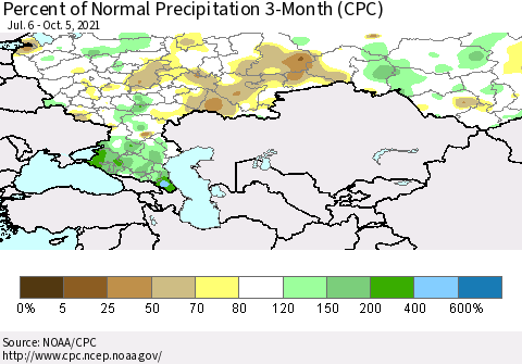 Russian Federation Percent of Normal Precipitation 3-Month (CPC) Thematic Map For 7/6/2021 - 10/5/2021