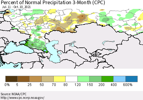 Russian Federation Percent of Normal Precipitation 3-Month (CPC) Thematic Map For 7/11/2021 - 10/10/2021