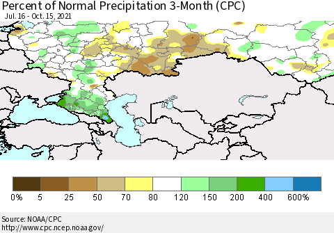 Russian Federation Percent of Normal Precipitation 3-Month (CPC) Thematic Map For 7/16/2021 - 10/15/2021