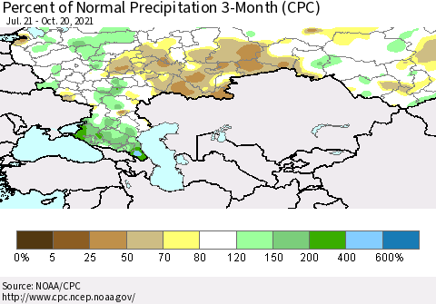 Russian Federation Percent of Normal Precipitation 3-Month (CPC) Thematic Map For 7/21/2021 - 10/20/2021