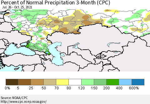 Russian Federation Percent of Normal Precipitation 3-Month (CPC) Thematic Map For 7/26/2021 - 10/25/2021