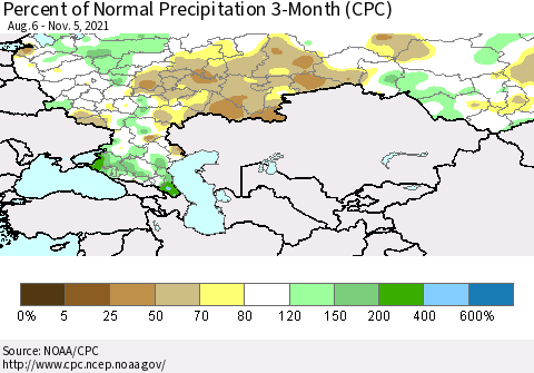 Russian Federation Percent of Normal Precipitation 3-Month (CPC) Thematic Map For 8/6/2021 - 11/5/2021