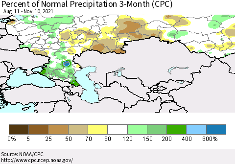 Russian Federation Percent of Normal Precipitation 3-Month (CPC) Thematic Map For 8/11/2021 - 11/10/2021