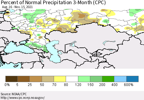 Russian Federation Percent of Normal Precipitation 3-Month (CPC) Thematic Map For 8/16/2021 - 11/15/2021