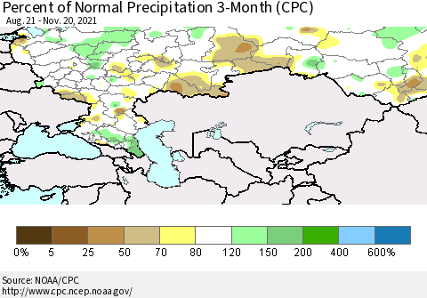 Russian Federation Percent of Normal Precipitation 3-Month (CPC) Thematic Map For 8/21/2021 - 11/20/2021