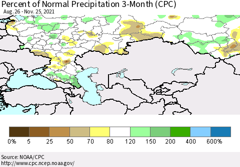 Russian Federation Percent of Normal Precipitation 3-Month (CPC) Thematic Map For 8/26/2021 - 11/25/2021