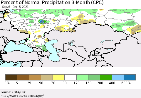 Russian Federation Percent of Normal Precipitation 3-Month (CPC) Thematic Map For 9/6/2021 - 12/5/2021