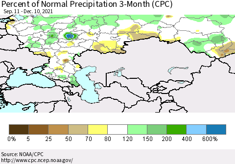 Russian Federation Percent of Normal Precipitation 3-Month (CPC) Thematic Map For 9/11/2021 - 12/10/2021