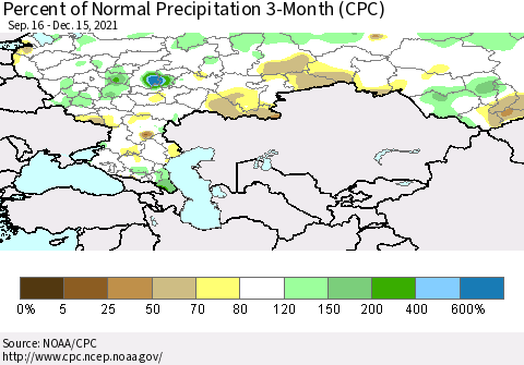 Russian Federation Percent of Normal Precipitation 3-Month (CPC) Thematic Map For 9/16/2021 - 12/15/2021
