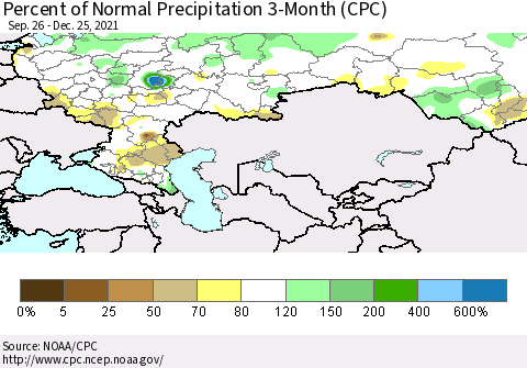 Russian Federation Percent of Normal Precipitation 3-Month (CPC) Thematic Map For 9/26/2021 - 12/25/2021