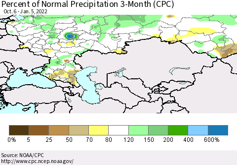 Russian Federation Percent of Normal Precipitation 3-Month (CPC) Thematic Map For 10/6/2021 - 1/5/2022