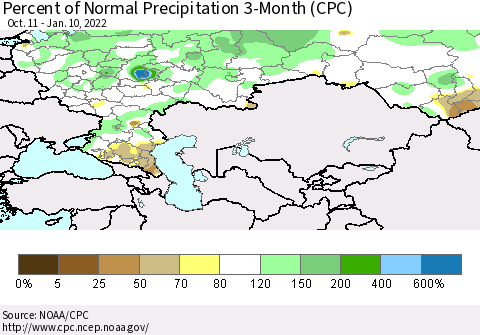 Russian Federation Percent of Normal Precipitation 3-Month (CPC) Thematic Map For 10/11/2021 - 1/10/2022
