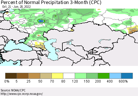 Russian Federation Percent of Normal Precipitation 3-Month (CPC) Thematic Map For 10/21/2021 - 1/20/2022