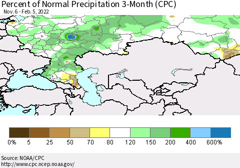 Russian Federation Percent of Normal Precipitation 3-Month (CPC) Thematic Map For 11/6/2021 - 2/5/2022