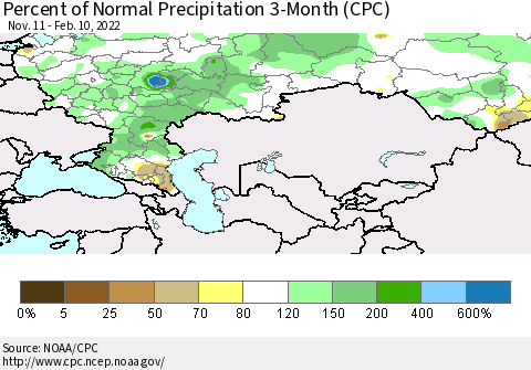 Russian Federation Percent of Normal Precipitation 3-Month (CPC) Thematic Map For 11/11/2021 - 2/10/2022