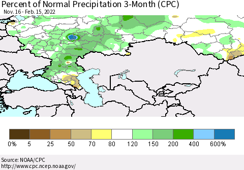 Russian Federation Percent of Normal Precipitation 3-Month (CPC) Thematic Map For 11/16/2021 - 2/15/2022