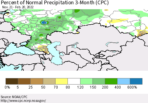 Russian Federation Percent of Normal Precipitation 3-Month (CPC) Thematic Map For 11/21/2021 - 2/20/2022