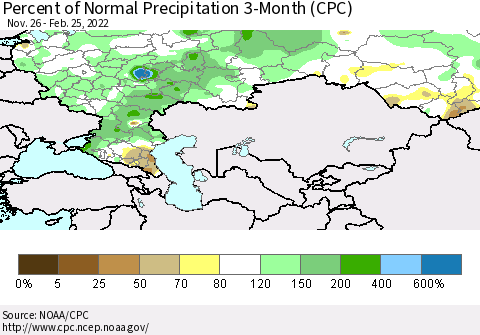 Russian Federation Percent of Normal Precipitation 3-Month (CPC) Thematic Map For 11/26/2021 - 2/25/2022